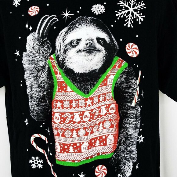 Dec 25th Christmas Sloth T Shirt Mens L Wearing Vest Funny Ugly Holiday Black - Picture 3 of 8